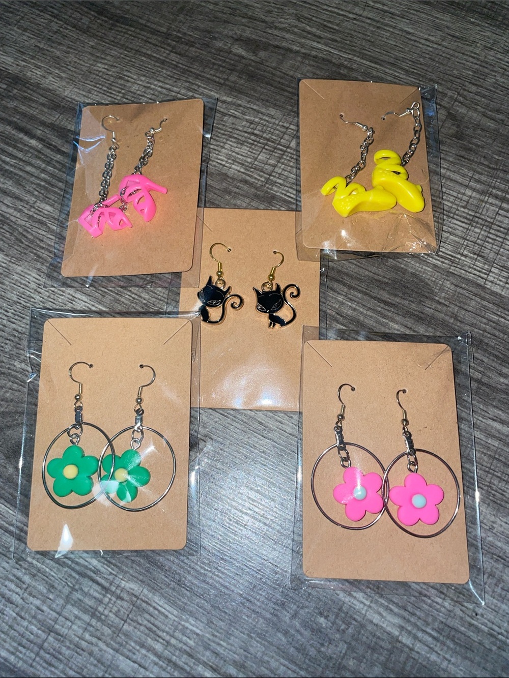 Novelty Women's Earrings - Pink Green Flowers, Yellow and pink shoes,Black Cat